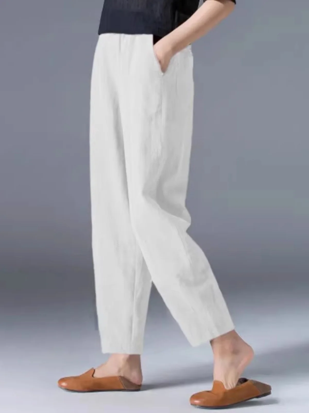 Cotton Linen Harem Pants Women Summer Nine Points Loose Thin Elastic Waist Wide Leg Pants Artistic Versatile Casual Pants