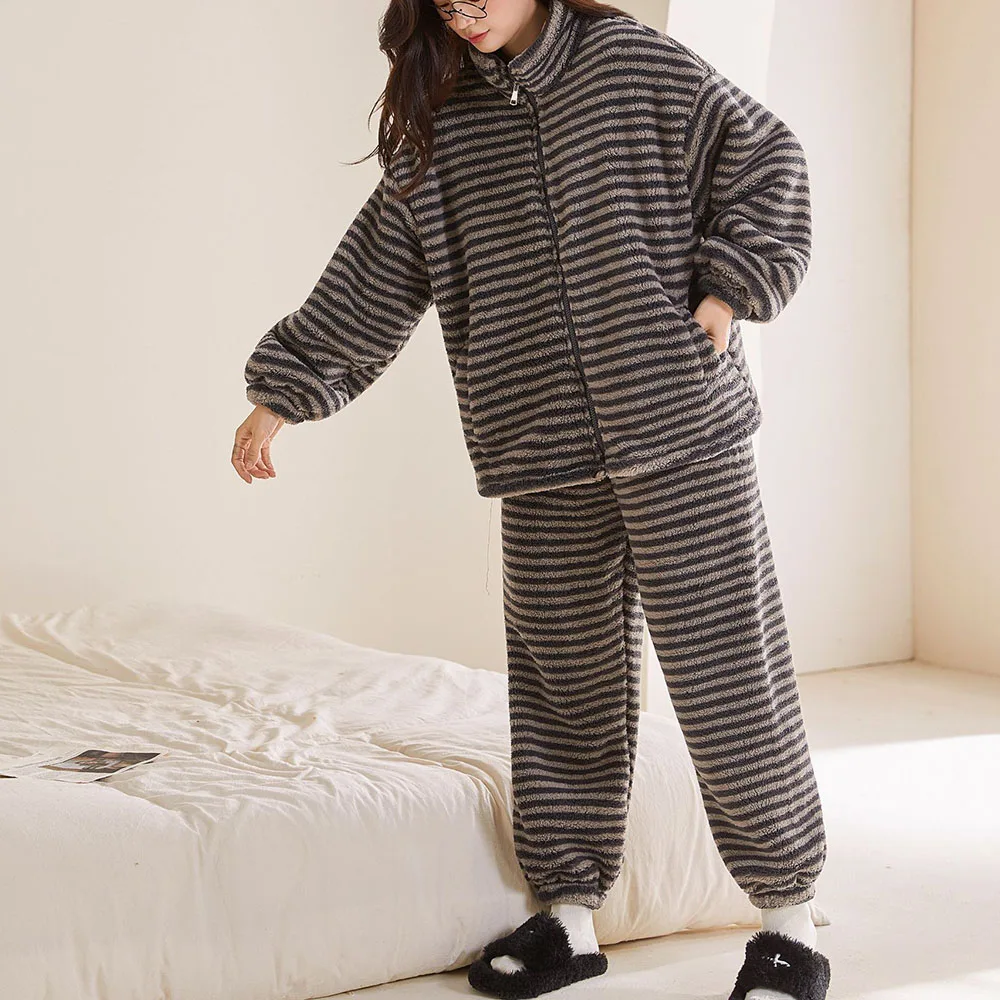 

Women Striped Pajama Sets Stand Collar Zipper Tops+Pants 2 Piece Suits Thickened Warm Coral Fleece Home Clohtes Casual Sleepwear