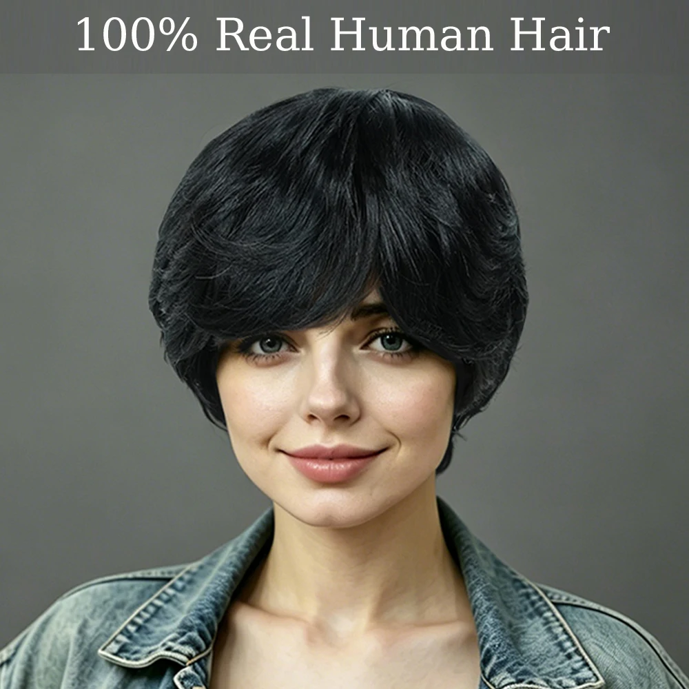 

Black Short Straight Pixie Cut Human Hair Wig with Bangs, 180% Density Adjustable cap short Layered Pixie Wig, Natural Look Full Machine Made for Daily Wear, Parties & All Occasions