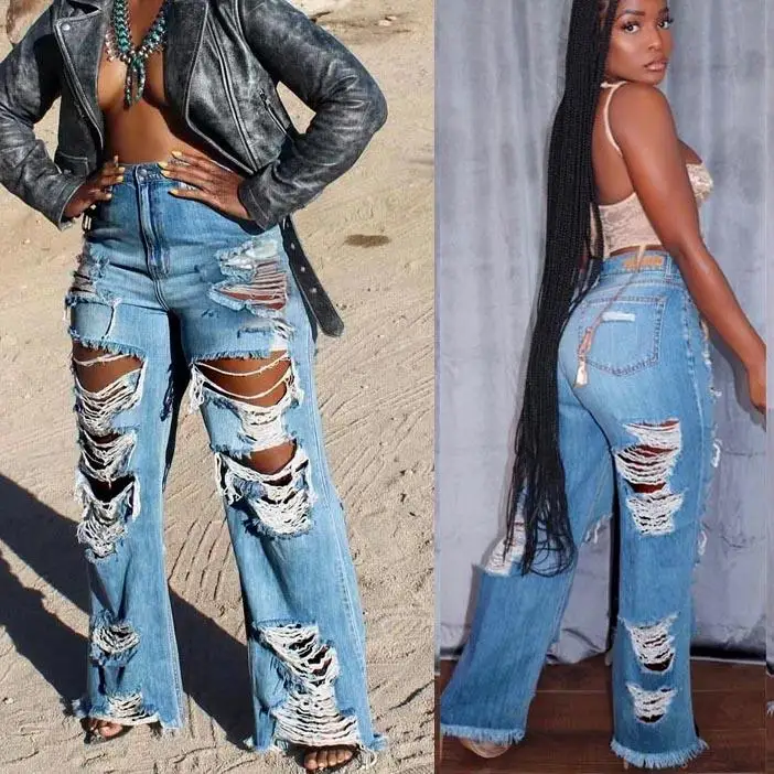 

Faionable Сексуальные свободные широкие джинсы Повседневные длинные рваные джинсовые брюки Светло-голубые белые 23XL Женские джинсы премиум-класса Quali