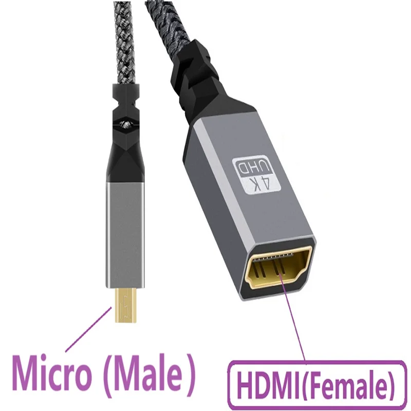 20CM 4K@60HZ Nylon Braid Gold HD V2.0 MINI MICRO HDMI Cable Male To HDMI Fmale Extension Cable For HDTV PS4 Projector