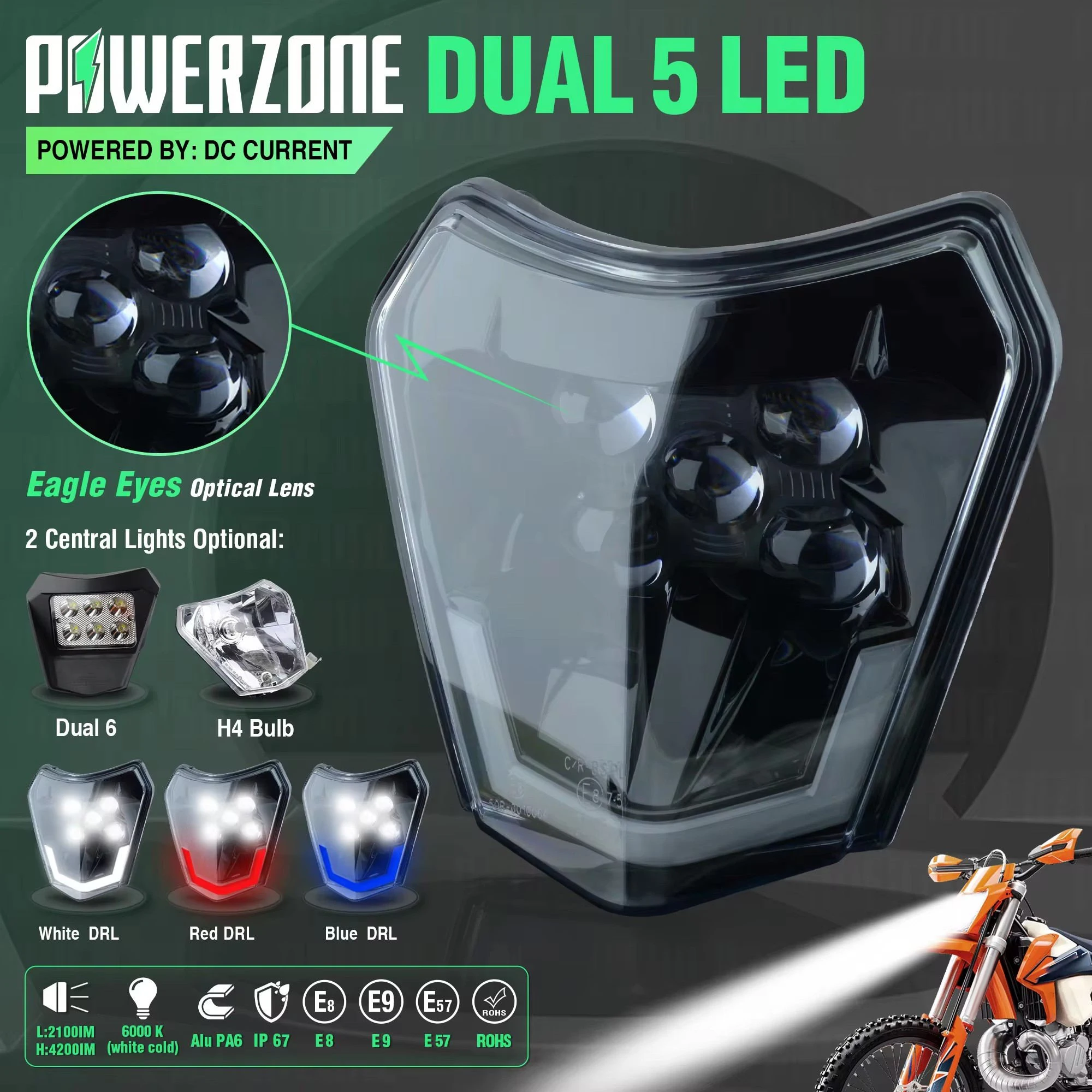 PowerZone Motorcycle LED Headlight Headlamp Head Light Supermoto Fairing For KTM EXC SXF MX Dirt Bike Enduro LED Wick