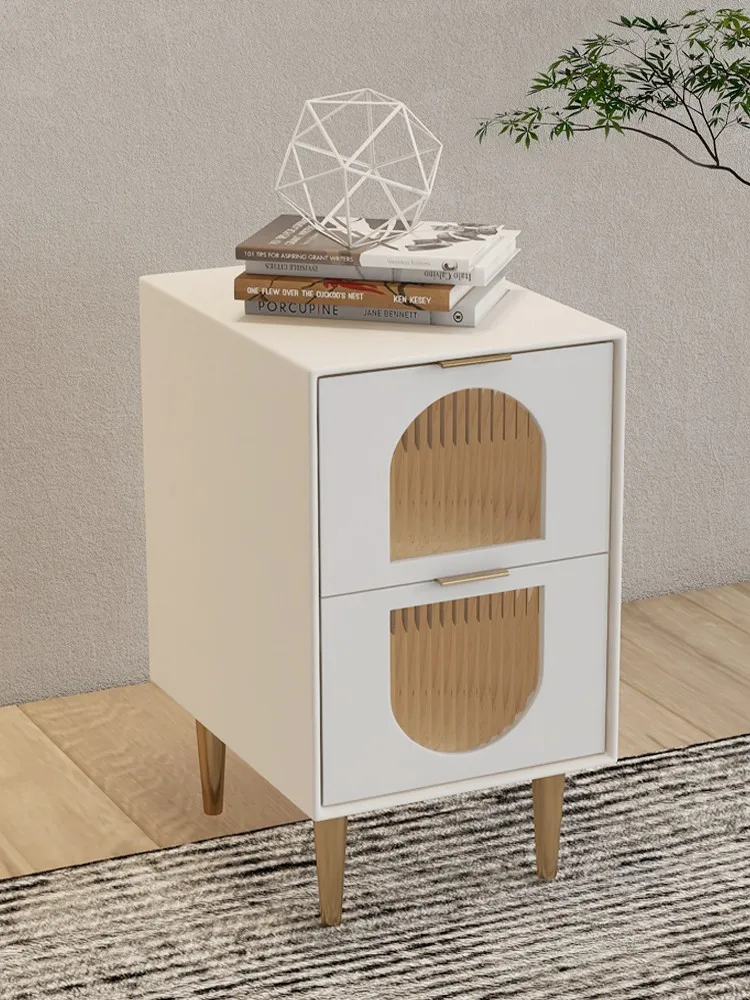 Light luxury mini smart bedside table modern simple solid wood small double bedroom ultra-narrow bedside table Italian glass