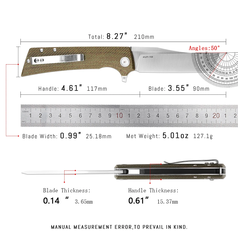 Shooziz XUN112 EDC Folding Knife with Clip，3.55 Inch D2 TantoFlipper Blade,Everyday Carry Pocket Knife for Men