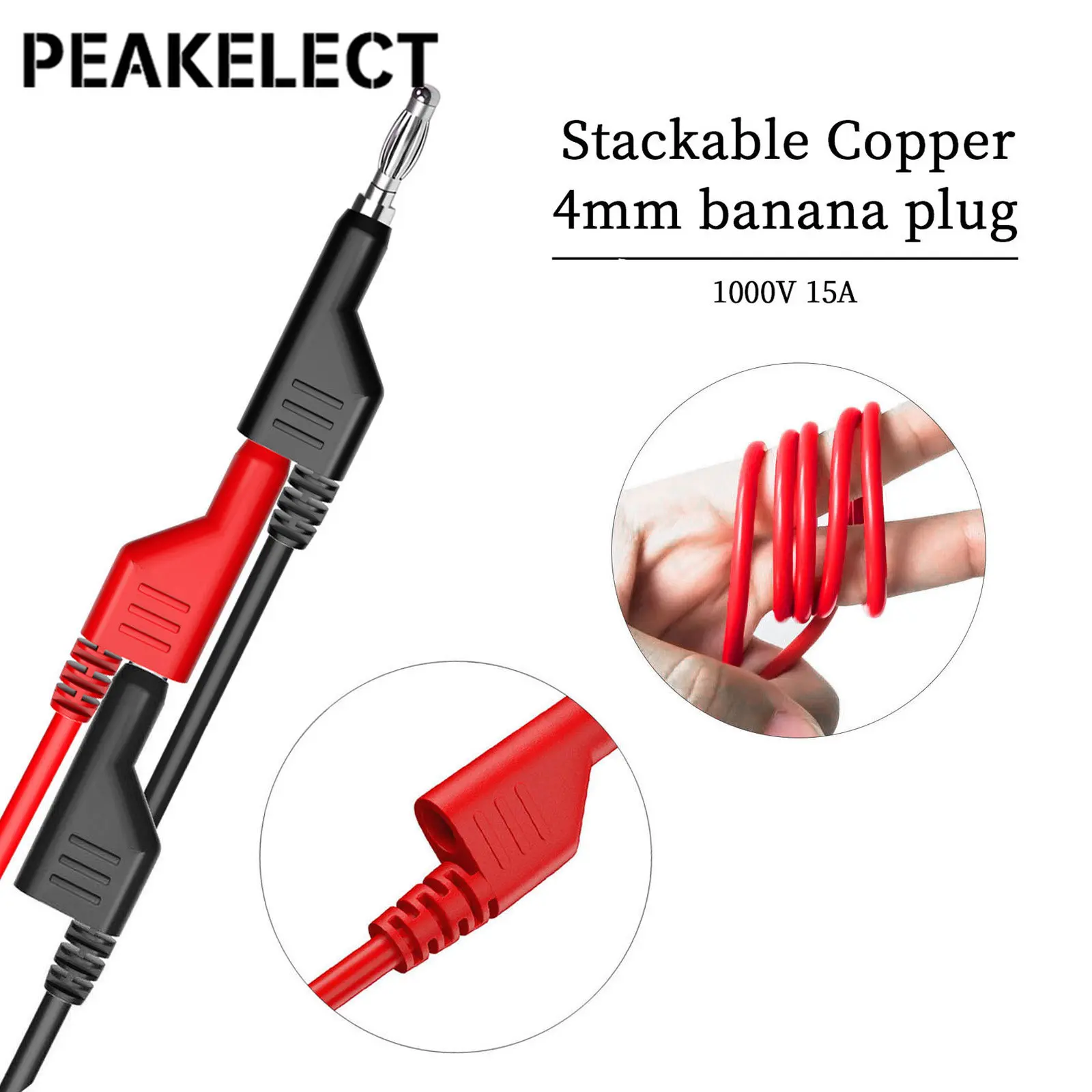 Peakelect-cables de prueba para multímetro, Cable de prueba duradero para multímetro de 1M, 5 piezas, 4mm, enchufe Banana apilable a pinza de cocodrilo de cobre rojo, P1044