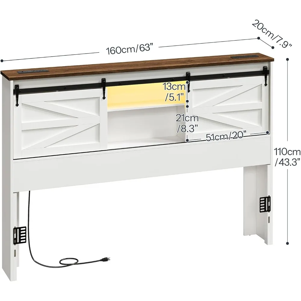 Queen Headboard With Storage Shelf, Farmhouse Style, Charging Station And Led Lights, Bookcase Design