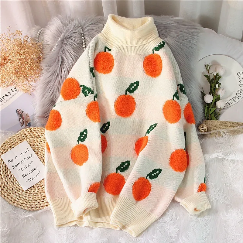 

2023 Autumn Loose Turtleneck Knitted Sweater Women Round Neck Pullovers Sweaters Sweet Jacquard Fruit Embroidery Knitwears 28572