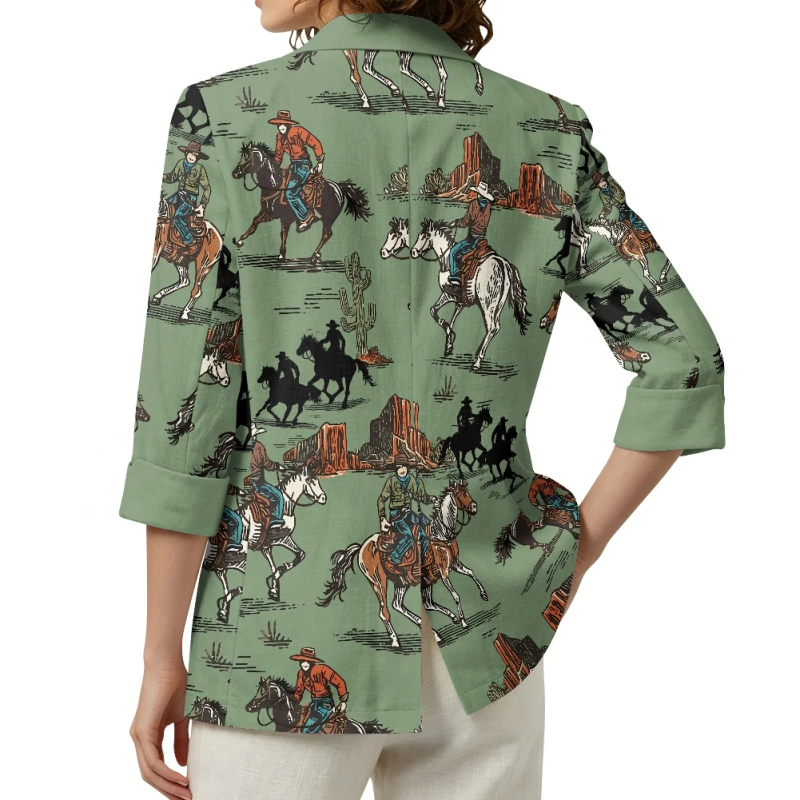 PENSTROLL Western Cowboy Print Linen Style Layering Piece 3/4 Sleeve Fall Tops for Women S-3XL