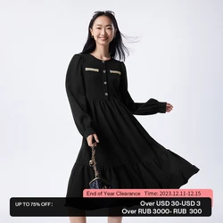 Toyouth Women Dress 2023 Autumn Long Sleeve Round Neck A-shape Exquisite Decorative Buckle Fashion Elegant Advanced Black Skirt