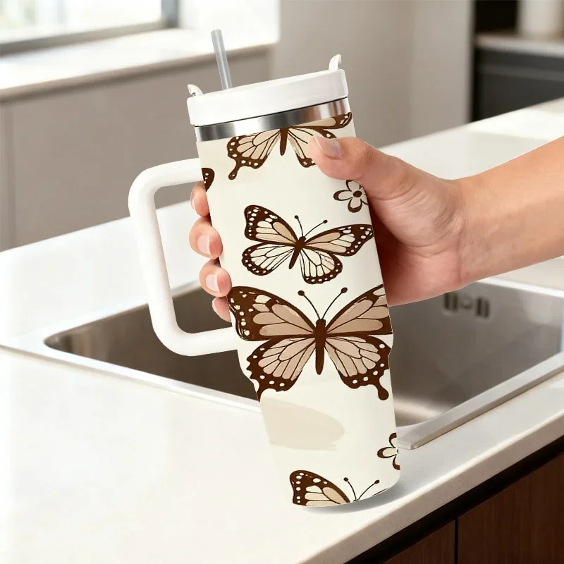 Stainless Steel 40oz Insulated Tumbler, Delicate Brown & Beige Butterfly Floral Digital Print on Background, Reusable Drink Container for Daily Coffee, Beverages & Outdoor On-the-Go Use