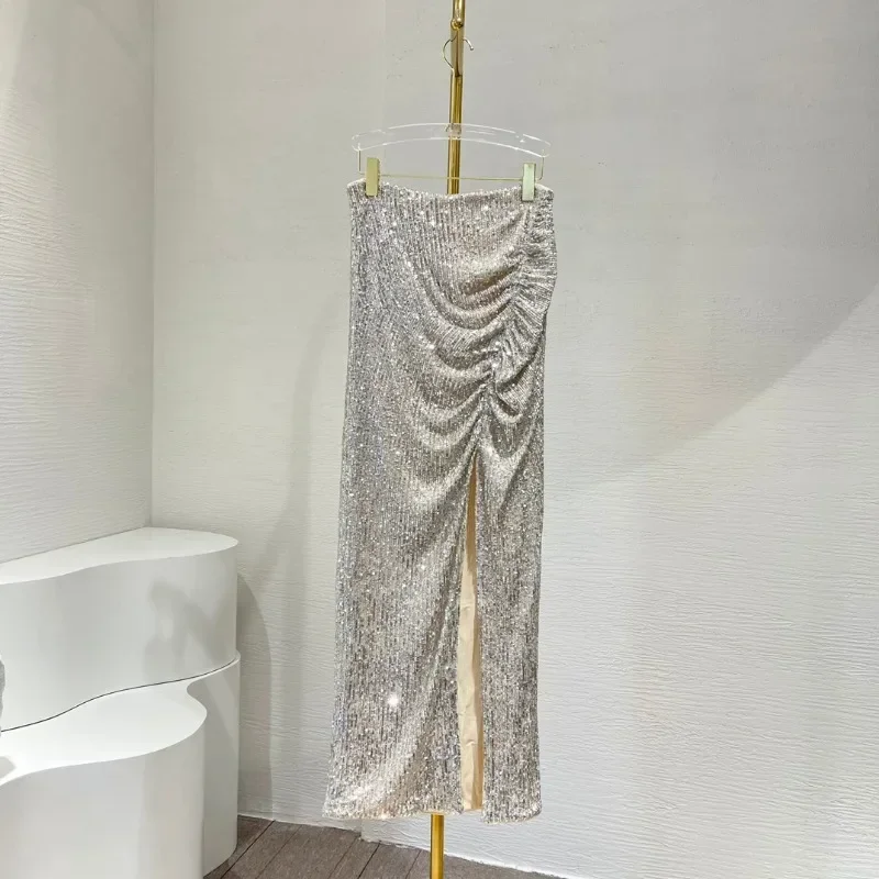 

Женская одежда из двух предметов, новинка 2025 года, красивые топы с блестками и юбка-миди с высоким разрезом, привлекательная