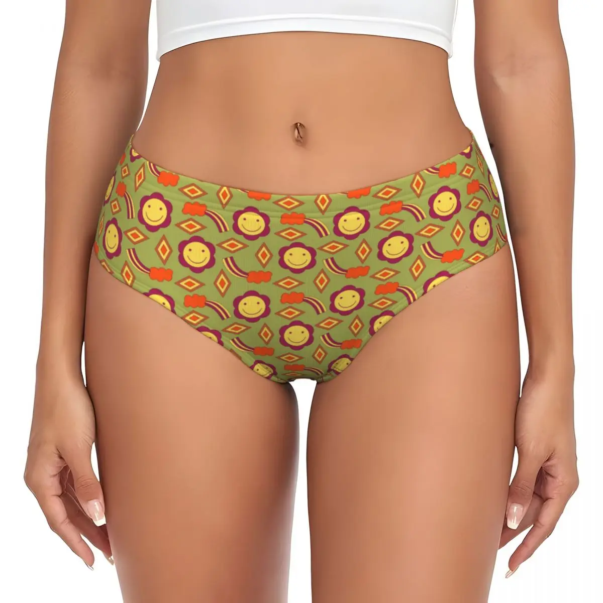 Custom Groovy Y2k Retro Pattern With Flower Smile And Rainbow Brief Panties for Women Breathable Stretch Underwear