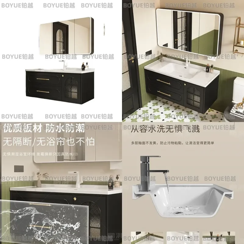 French Retro Oak Bathroom Vanity Set with Ceramic Integrated Basin and Toilet Storage Cabinet Solid Wood Door Panel Modern