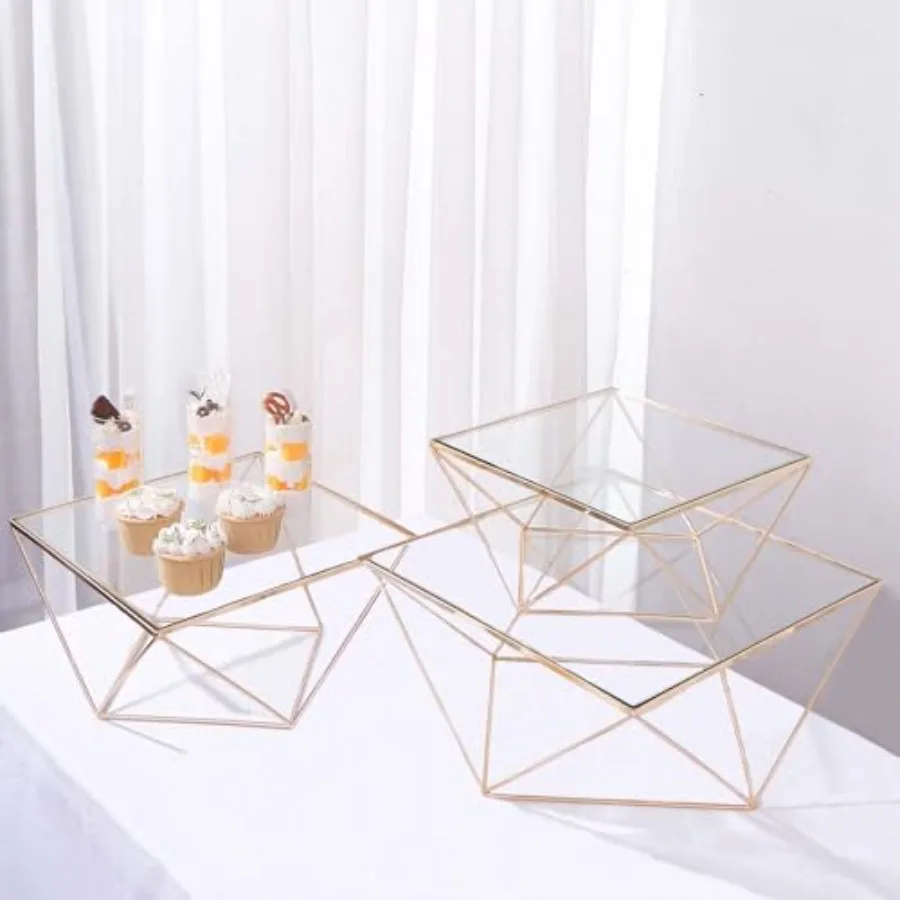 

Set of 3 Metal Geometric Cake Stand Gold Cake Riser with Glass Top Glossy Metallic Finish for Dessert Cupcake Pastry Candy Disp