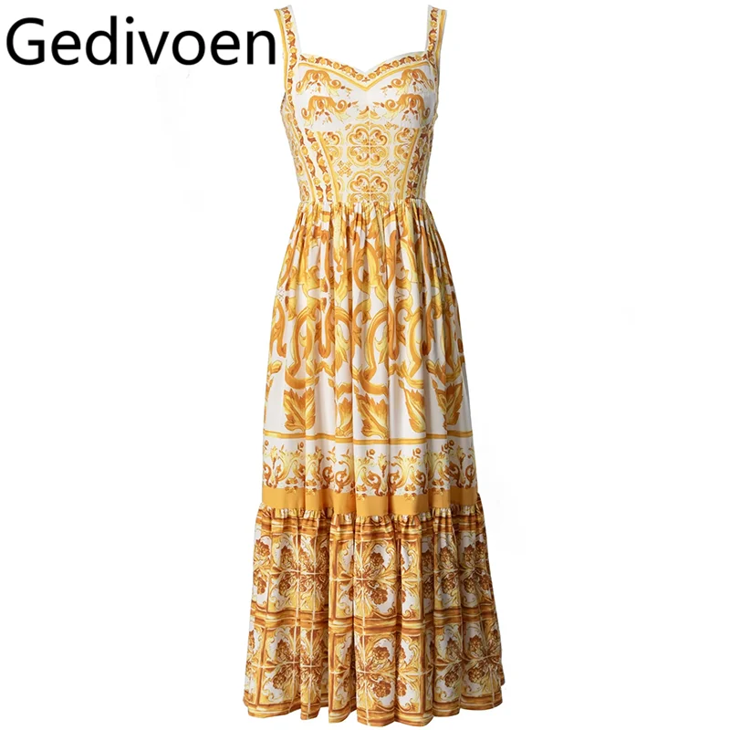 

Gedivoen Summer Fashion Runway Designer Dresses Women's Bohemian Print Sexy Spaghetti Strap Backless Temperament Dresses