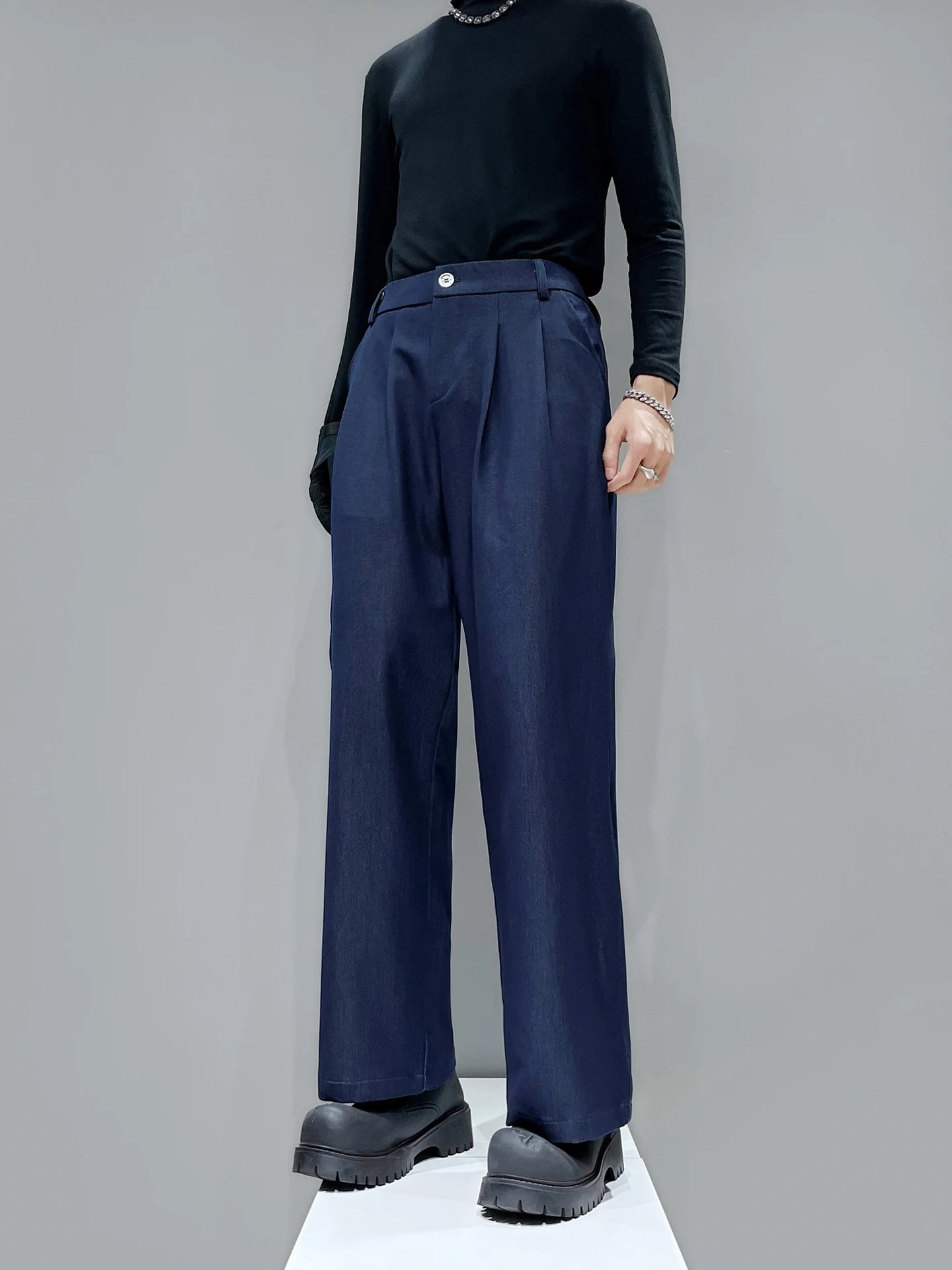 

Мужские повседневные брюки прямого кроя с 3D-плиссировкой, длинные, синие, в корейском стиле, премиум-класса