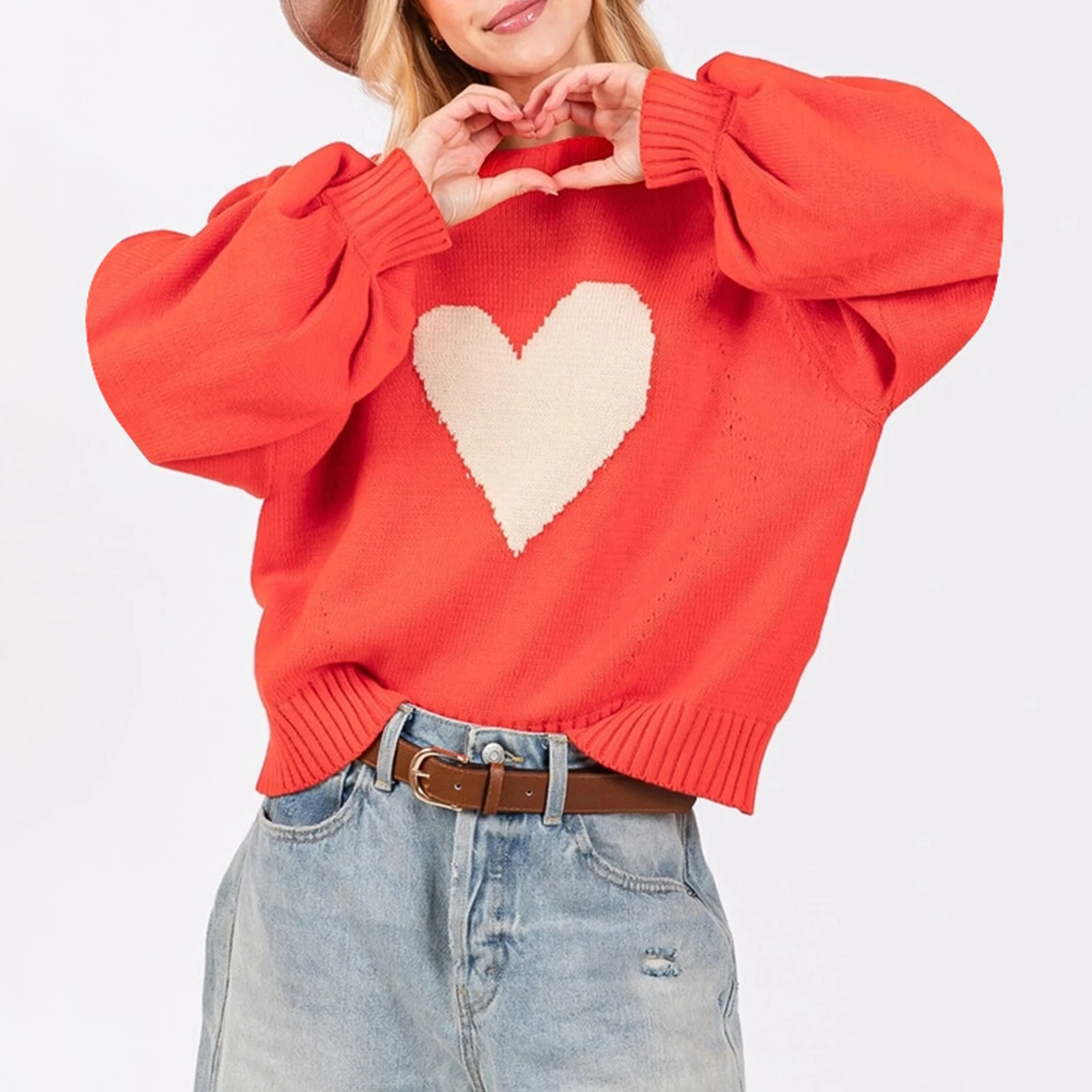 hirigin Women's Valentine's Day Knit Sweater Long Sleeve Round Neck Heart Print Pullover Knitwear Y2K Vintage Streetwear