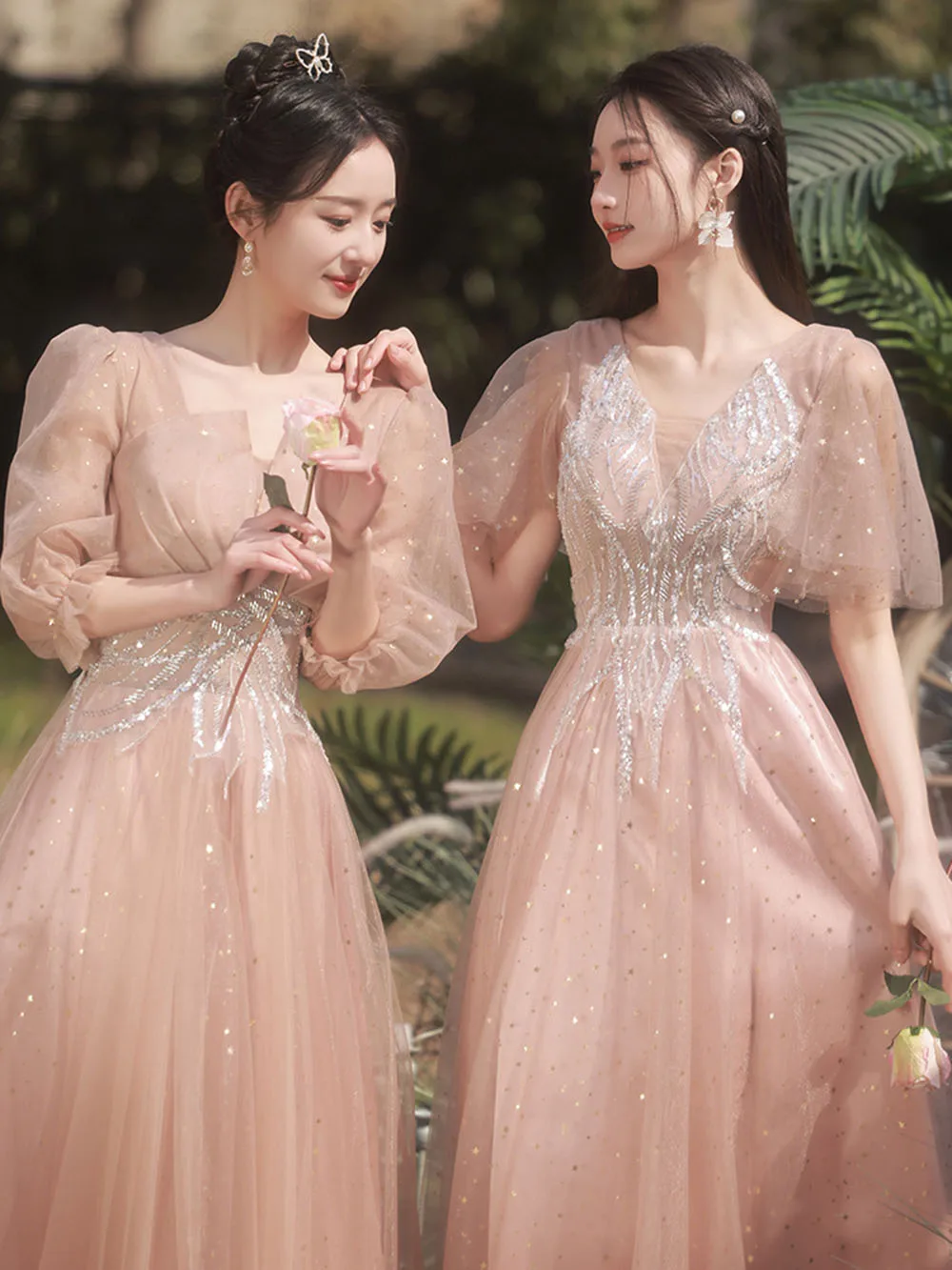 Elegant Champagne Pink Bridesmaid Dress Women's Ruffles Half Sleeves  Sequins Applique Slim Fit A-Line Wedding Party Guest Dress