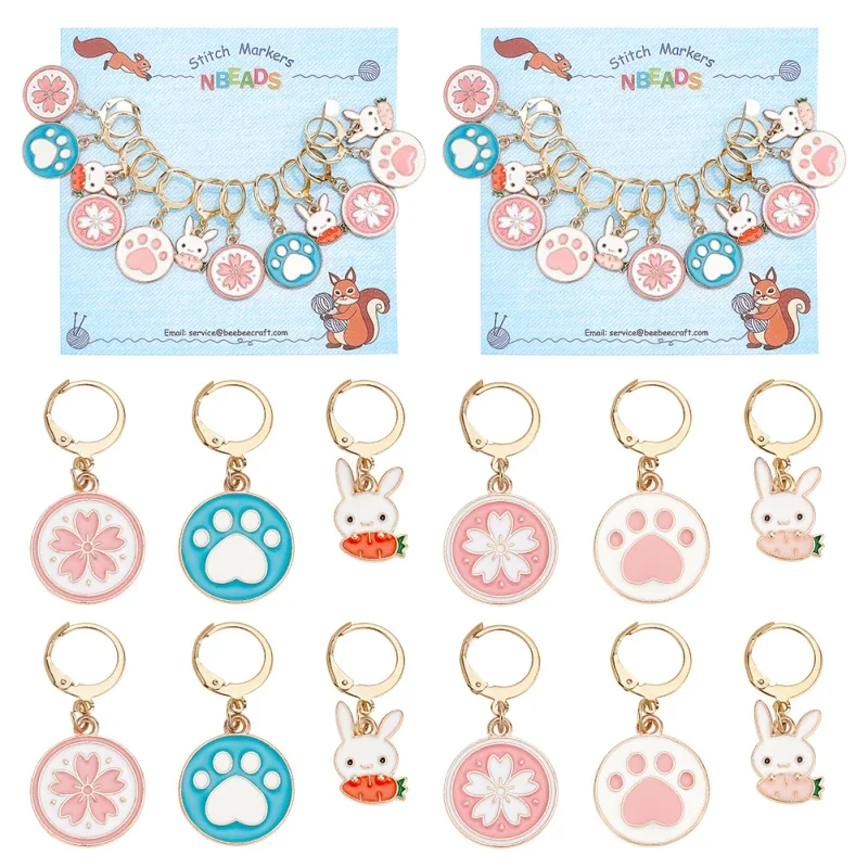 

24PCS Alloy Enamel Sakura/Paw Print/Rabbit Pendant Locking Stitch Markers 304 Stainless Steel Clasps Stitch Marker