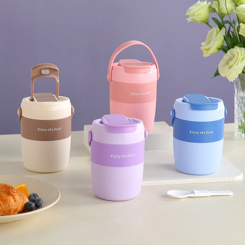 600ml Portable Insulated Soup Cup with Spoon, Macaron Color Oatmeal Breakfast Jar for Office