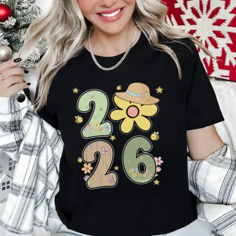 Botanical New Year 2026 Creative Parttern Printed Happy New Year Women Cartoon T-Shirt Casual Fashion Soft Comfortable Clothing