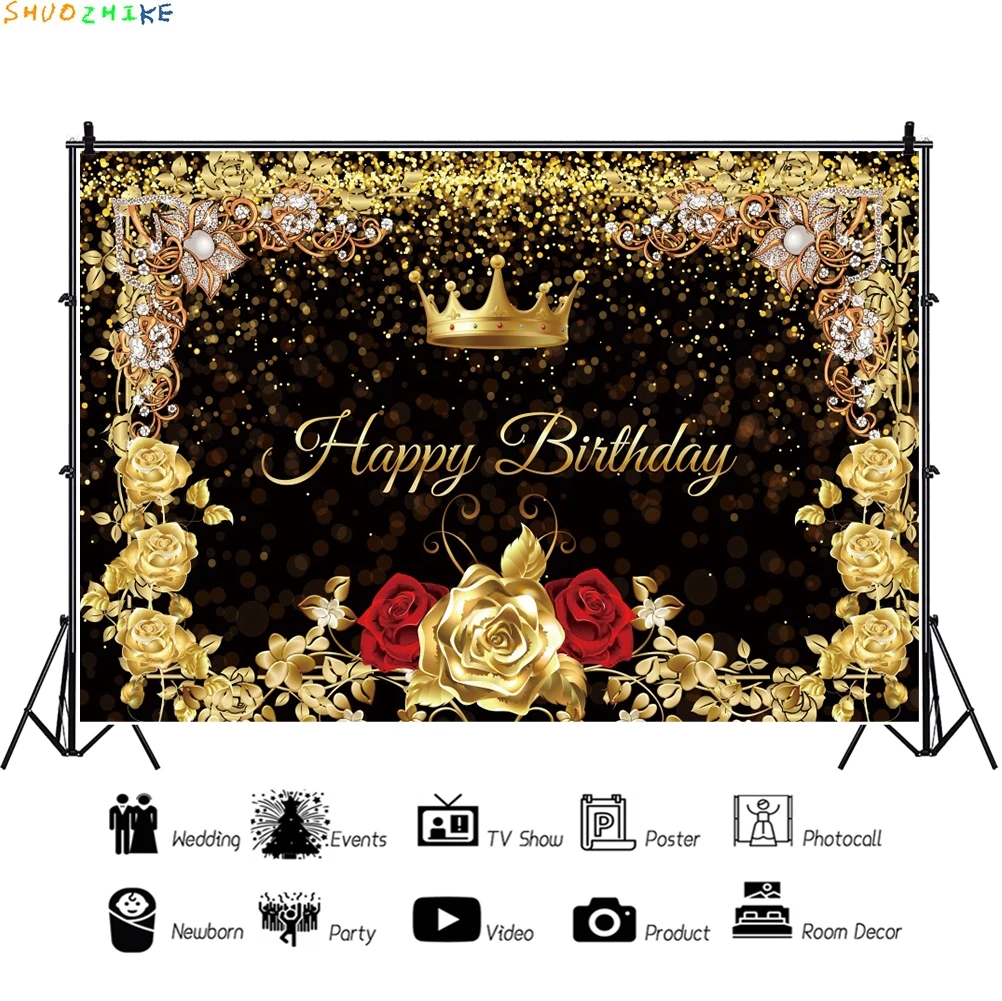 

Adult Birthday Golden Crown Flowers Party Decor Baby Shower Photography Backdrop Photographic Backgrounds For Photo Studio