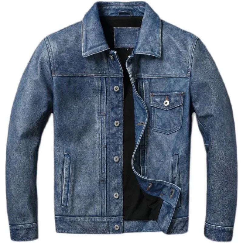 Vintage Blue Genuine Leather Jacket Men 506 Style Slim Fit Short Cowhide Skin Mens Coat Autumn Натуральная Кожа Куртка