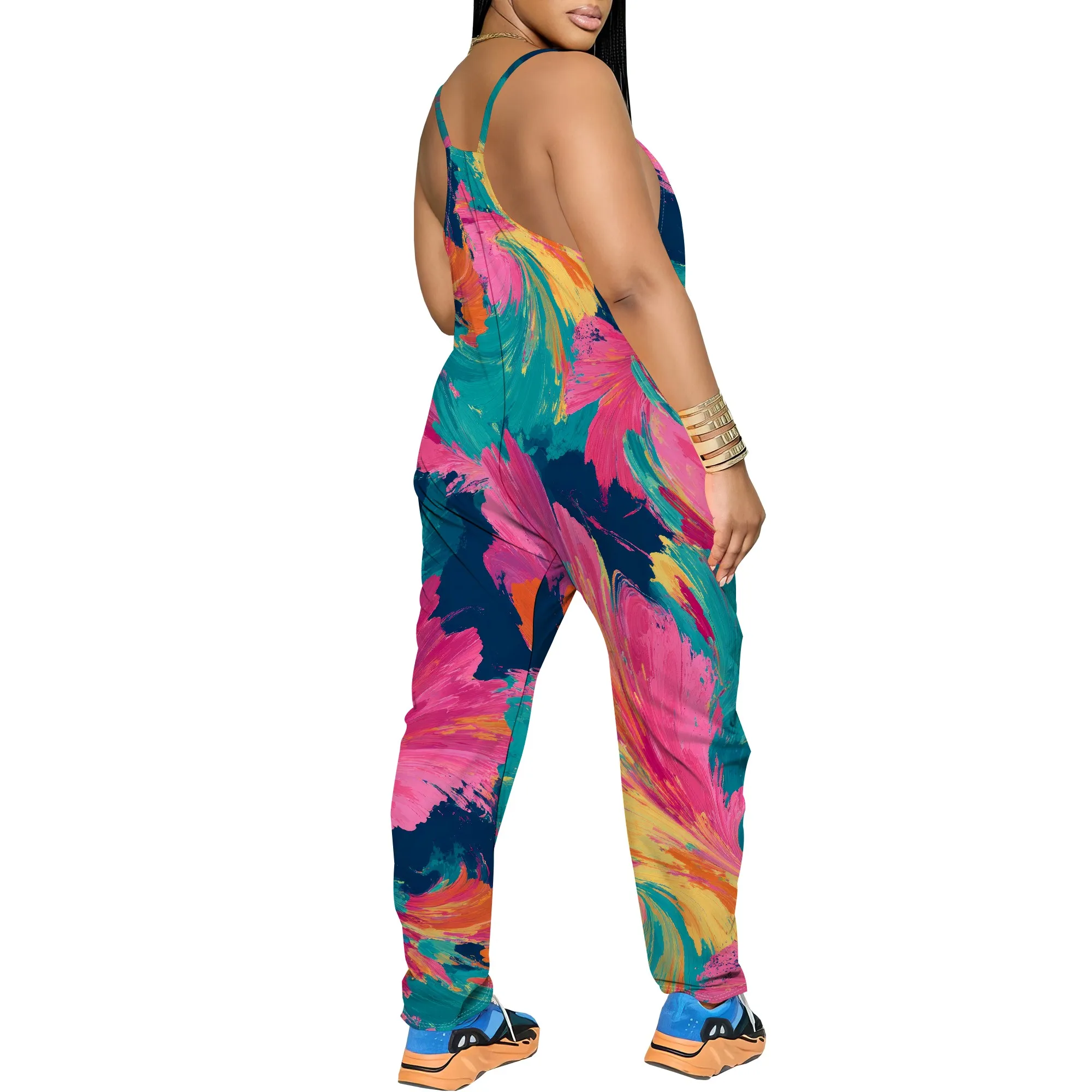 Lässige, einteilige, lockere Sommerhose für Damen, ärmelloses Design, mit Blumenmuster, lockere Passform, mit Taschen