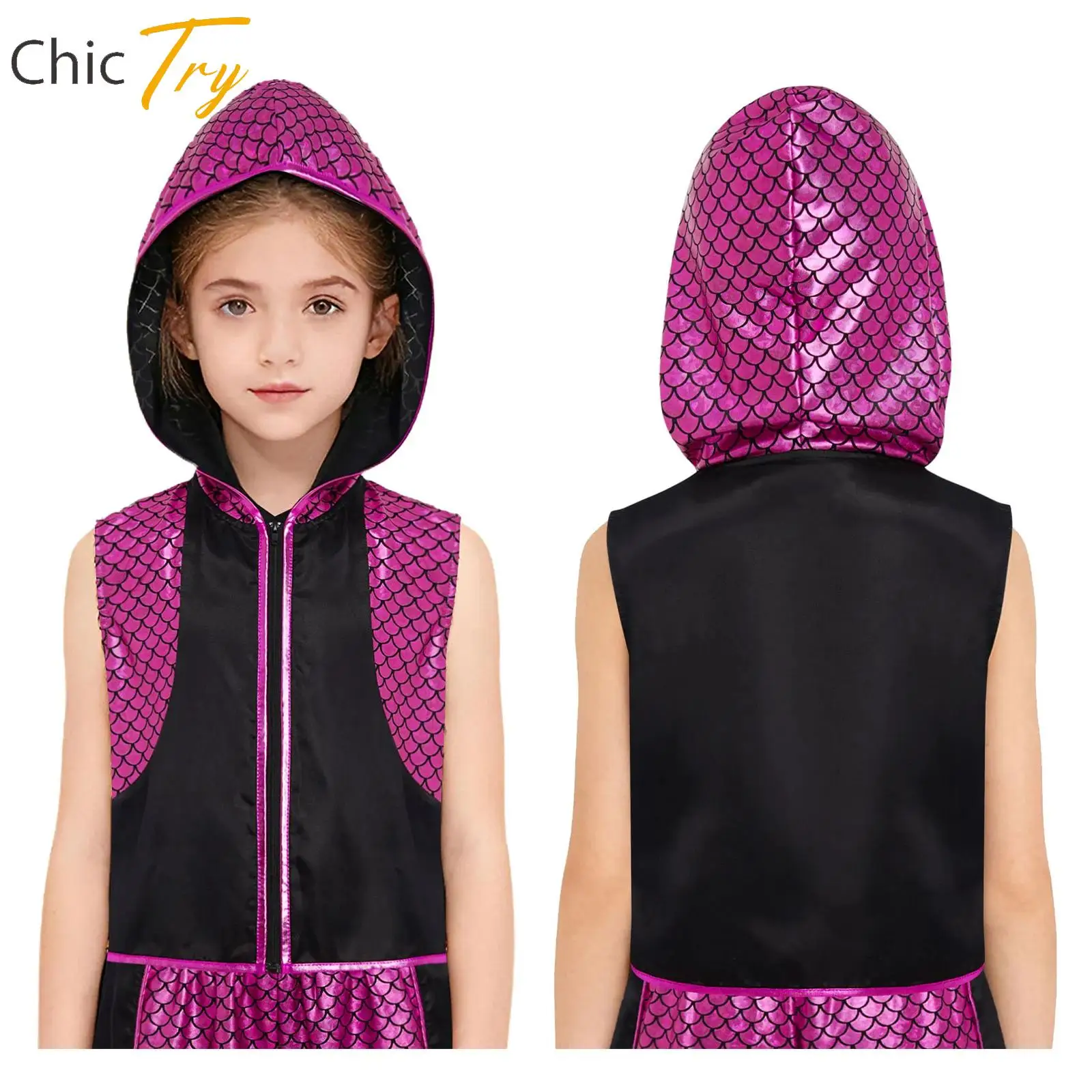 

Girls Boys Boxing Vest Cosplay Costume Metallic Fish Scale Vest Sleeveless Fashion Boxer Hooded Top for Halloween Carnival Party