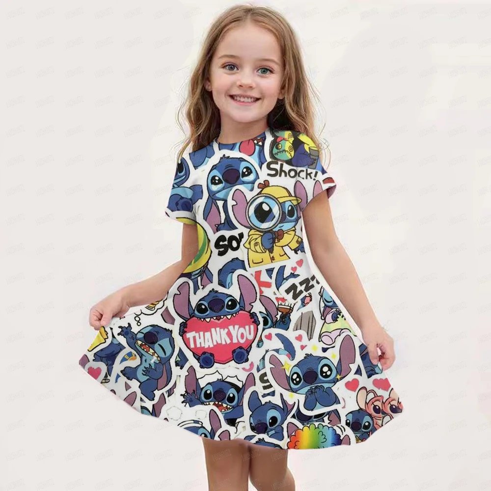 Summer New Disney Stitch Girl Birthday Party Casual Dress KID/Adult Parent-Child Dress 3D Printing Blue Pink Cartoon Dress Gift