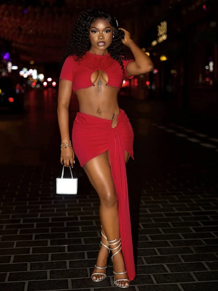 

Wmstar комплект из двух предметов для женщин, оптовая продажа, металлический декорированный ажурный круглый вырез, топ с короткими рукавами, плиссированная короткая юбка с лентой