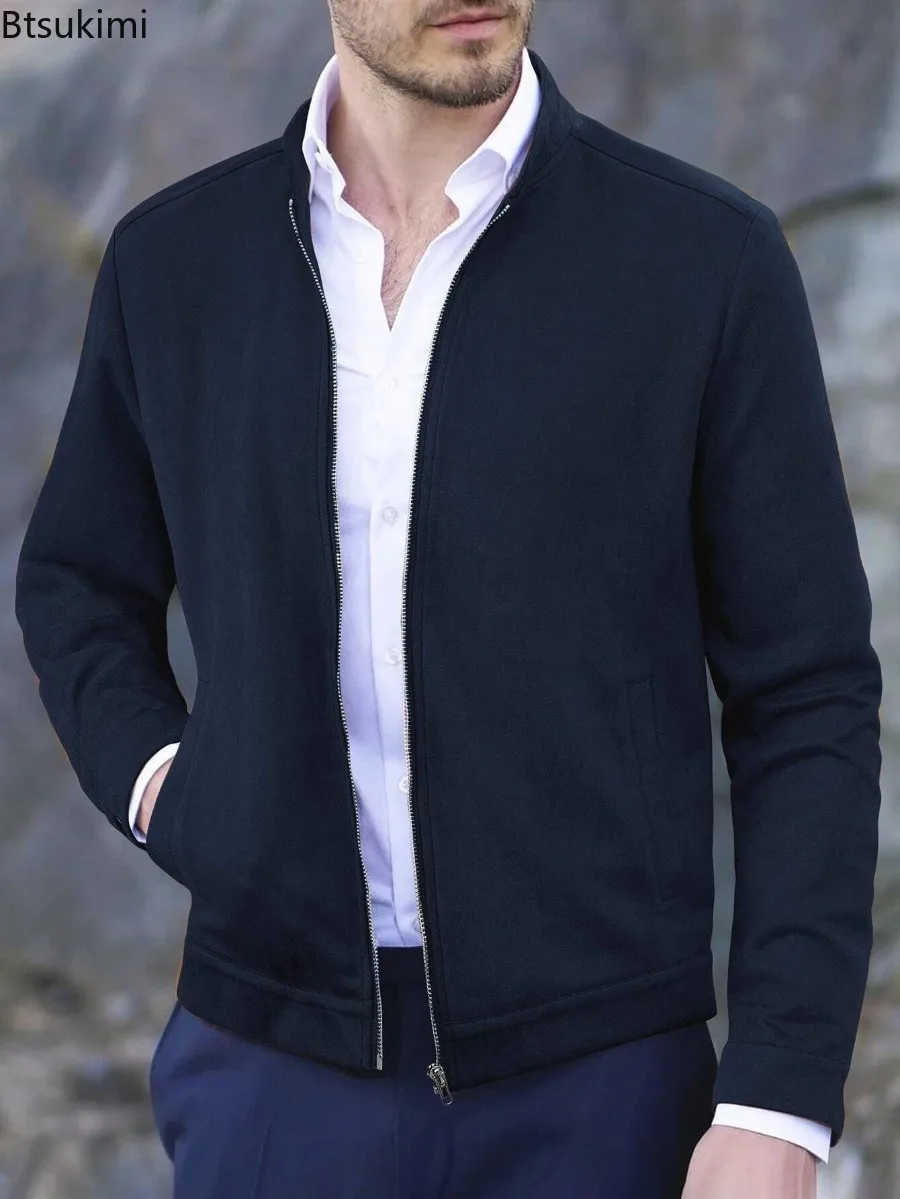 New Style Men's Slim Stand Collar Cardigan Jackets Autumn Winter Business Casual Zipper Pocket Coats 2025 Men Clothing Jackets