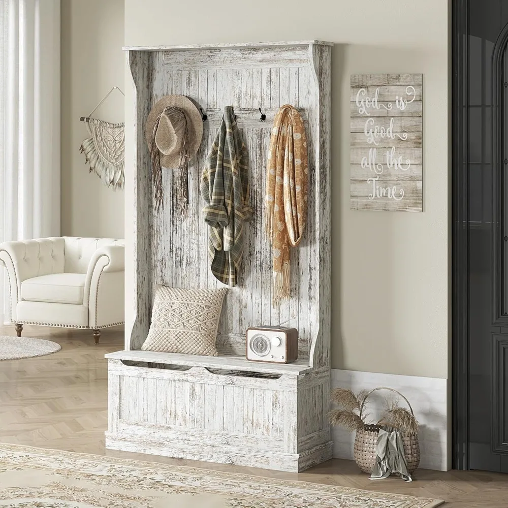 Multi-Functional Hall Tree with Shoe Storage and Coat Rack, Entryway Organizer featuring Five Hooks and Weathered White Finish