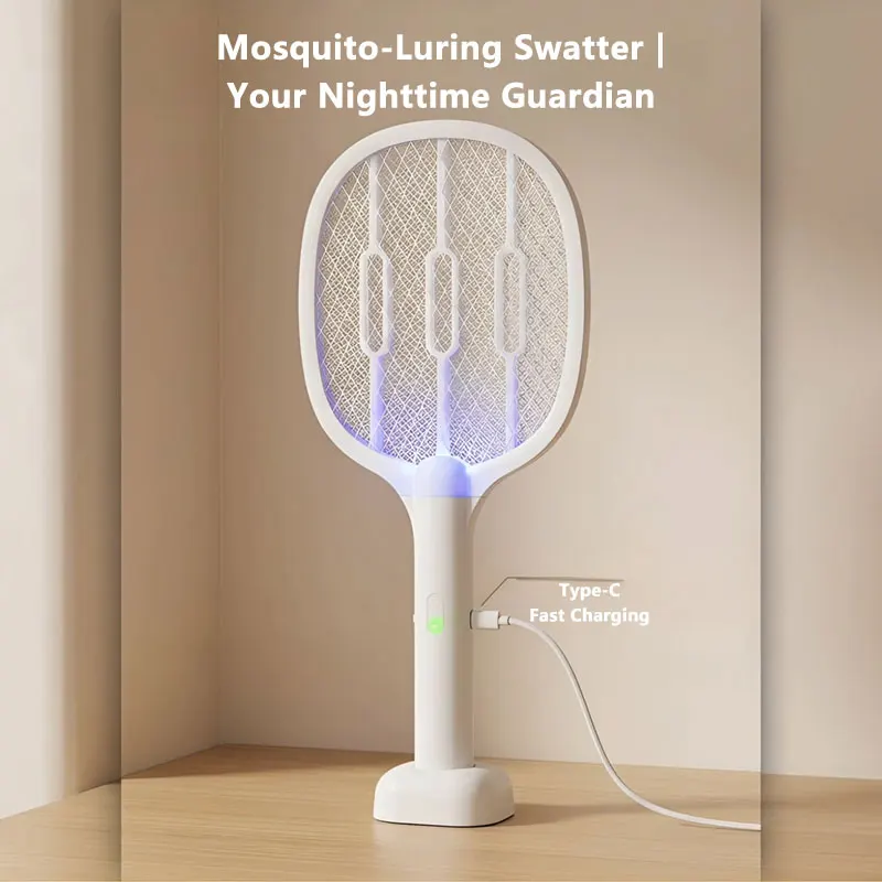 New 2025 2 in 1 Electric Mosquito Swatter & Killer Lamp Rechargeable Bug Zapper with Blue Purple LED Light Attractant Foldable
