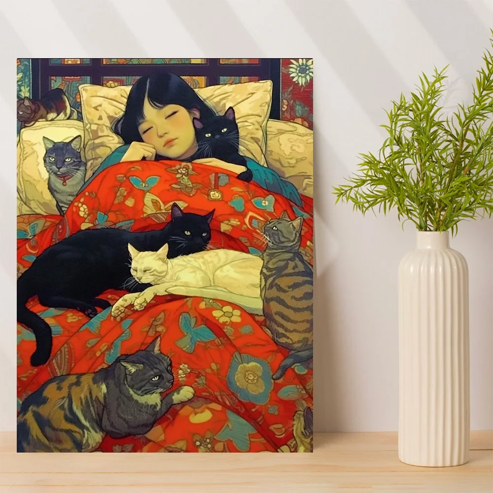 1pc,The little girl was sleeping on the bed, and several kittens were lying beside her, Modern Canvas ,  Framed, 12x16inch