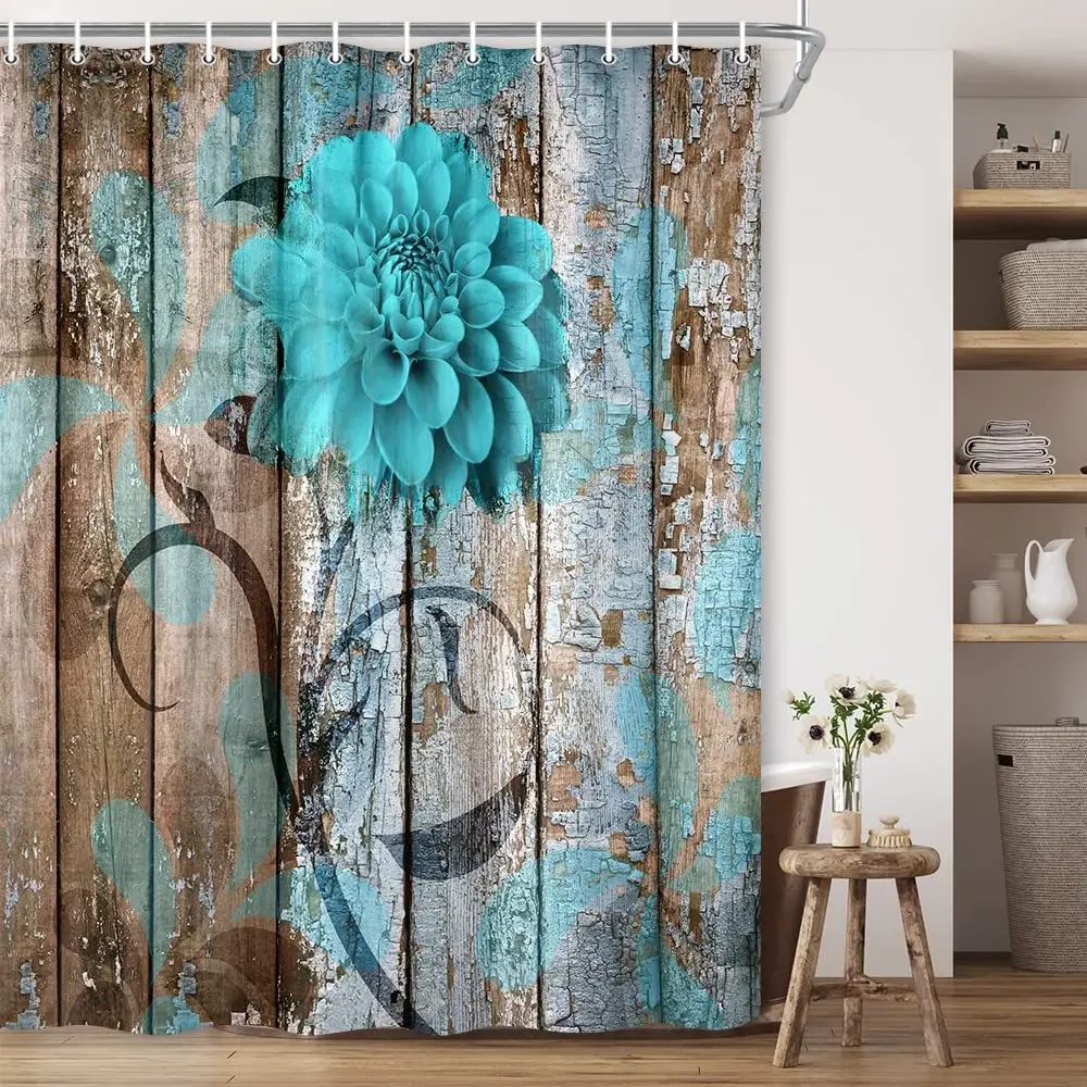 Turquoise Shower Curtain Waterproof Blue Flower Floral Teal With Roses Watercolor Colorful Abstract Black Home Decor Hooks Set