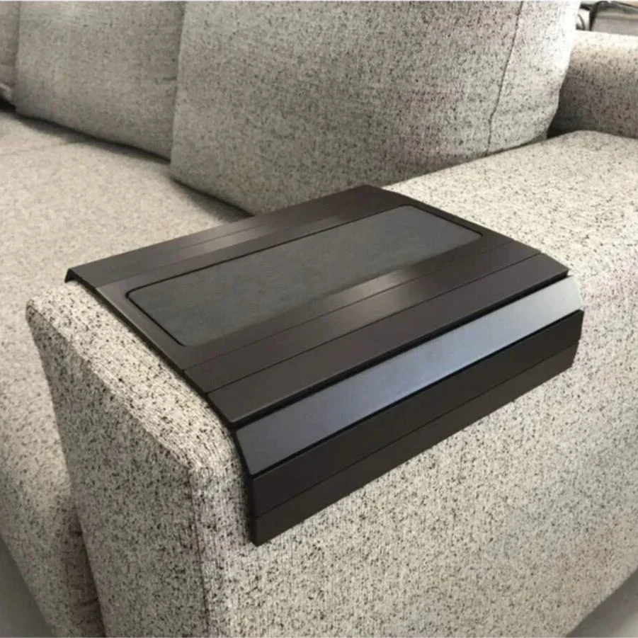 Wood Side Table Service Coaster, Medium Leather, Decorative Wooden Sofa Tray Armrest, Slip-Resistant, Folding Practical Design