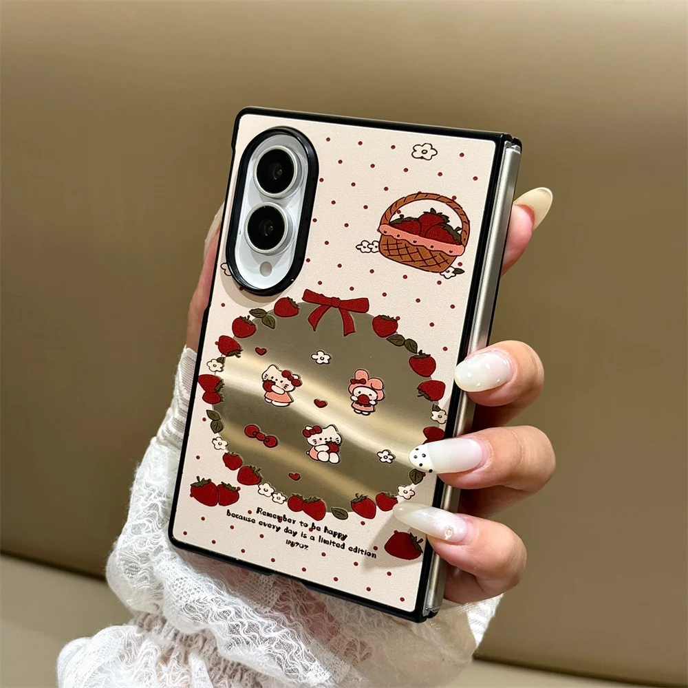 Cute Strawberry Cartoon Mirror Surface Phone Case For Samsung Galaxy Z Fold 8 Ultra Z Fold 7 6 5 4 3 Shockproof Protective Cover