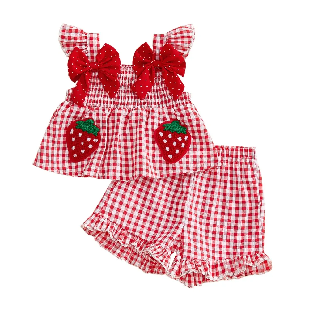 2pcs/set Strawberry Embroidered Toddler Baby Girl Outfit Ruffled Trim Breathable Summer Outfit Sweet Plaid Bows