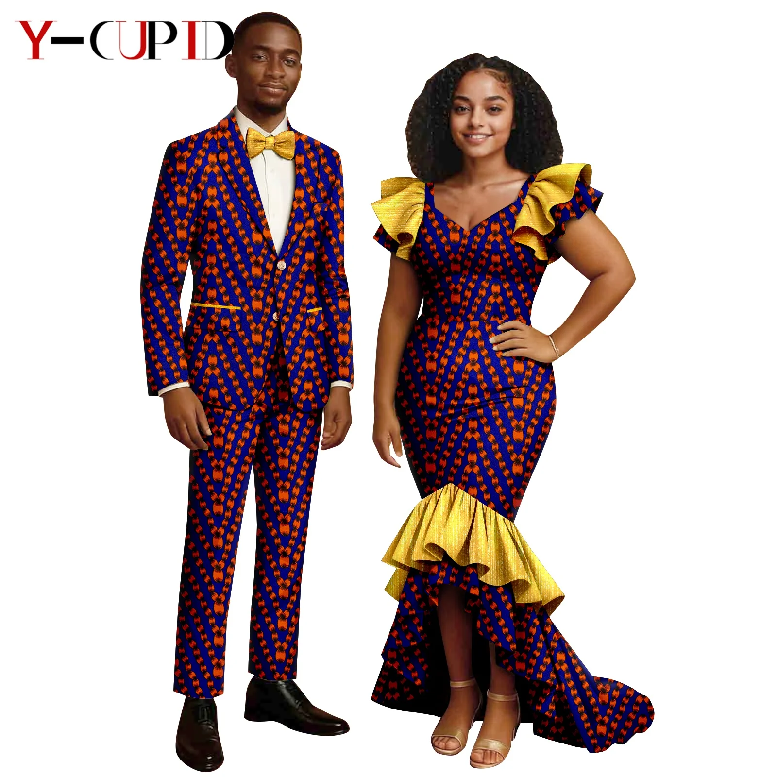 African Print Mermaid Dresses for Women Matching Men Outfits Bowtie Top Jacket and Pants Sets African Couple Clothes 25C104