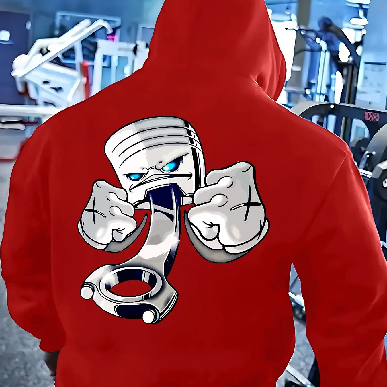 2026 Men Light‑Grey Cartoon Fist Engine Piston Back‑Print Hoodie Car Mechanic Motor Graphic Loose‑fit Unisex Pullover Hooded