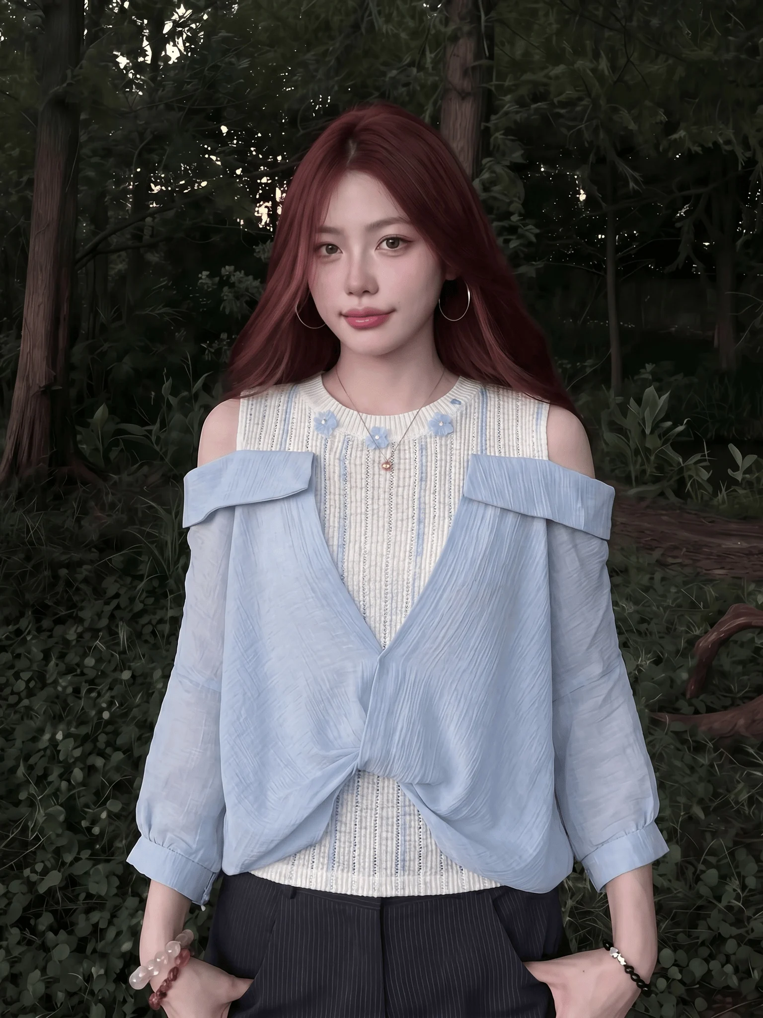 

Light Blue Shoulder Bared Short Sleeve Shirt Women's Summer New plus Size Beautiful Top Korean Style Loose Fit Commute Wind