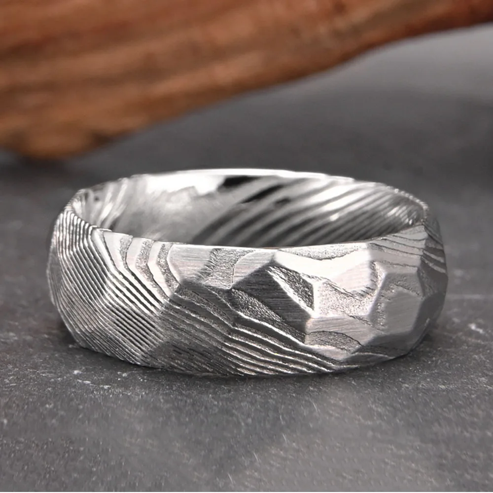 European And American Retro Wood Grain Damascus Steel Ring Curved Surface Men's Rings