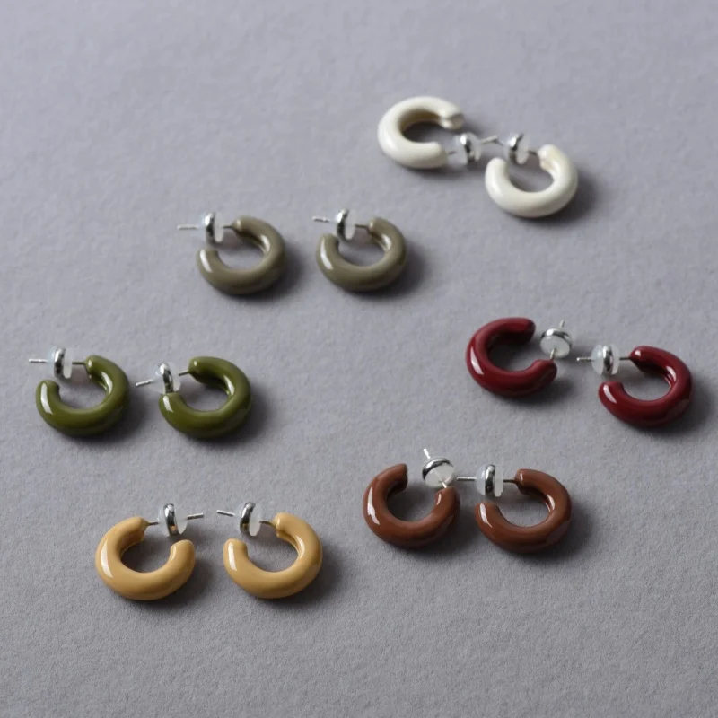 Compact Exquisite circle C Ring Multi-color Drop Glaze S925 Silver Needle Earrings for Women Simple Daily Fashion Accessories