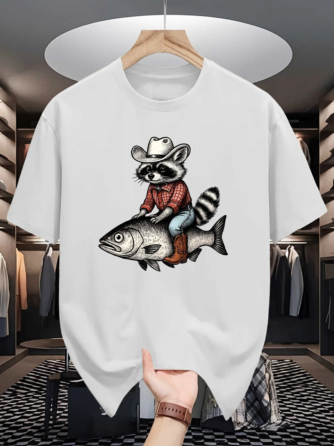 Mens Crew Neck T Shirt Cowboy Raccoon Riding Fish Cartoon Graphic Short Sleeve Casual Cotton Funny Western Animal Streetwear Tee
