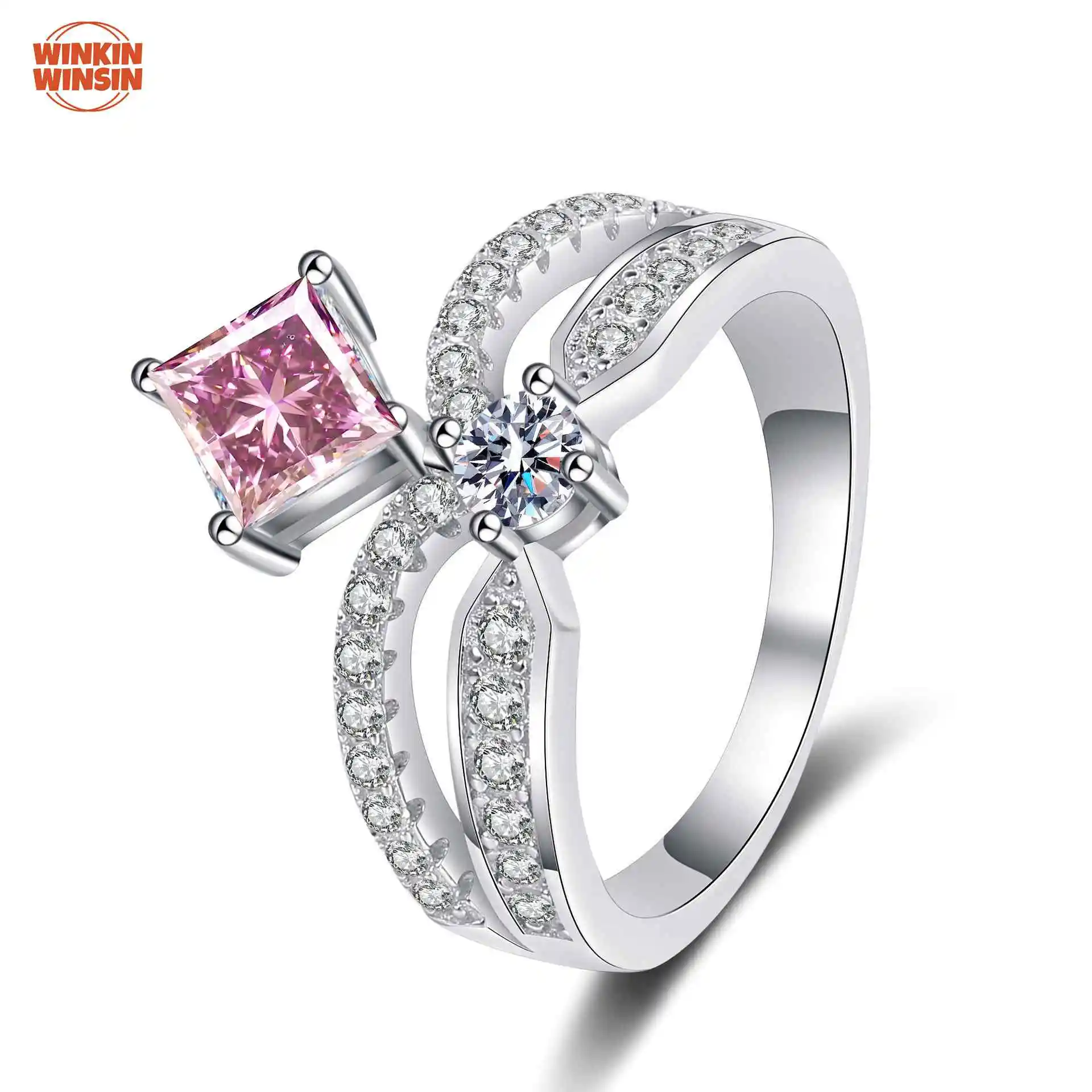 

Winkin Winsin S925 Pure Silver Princess Square Crown Ring with Square Moissanite