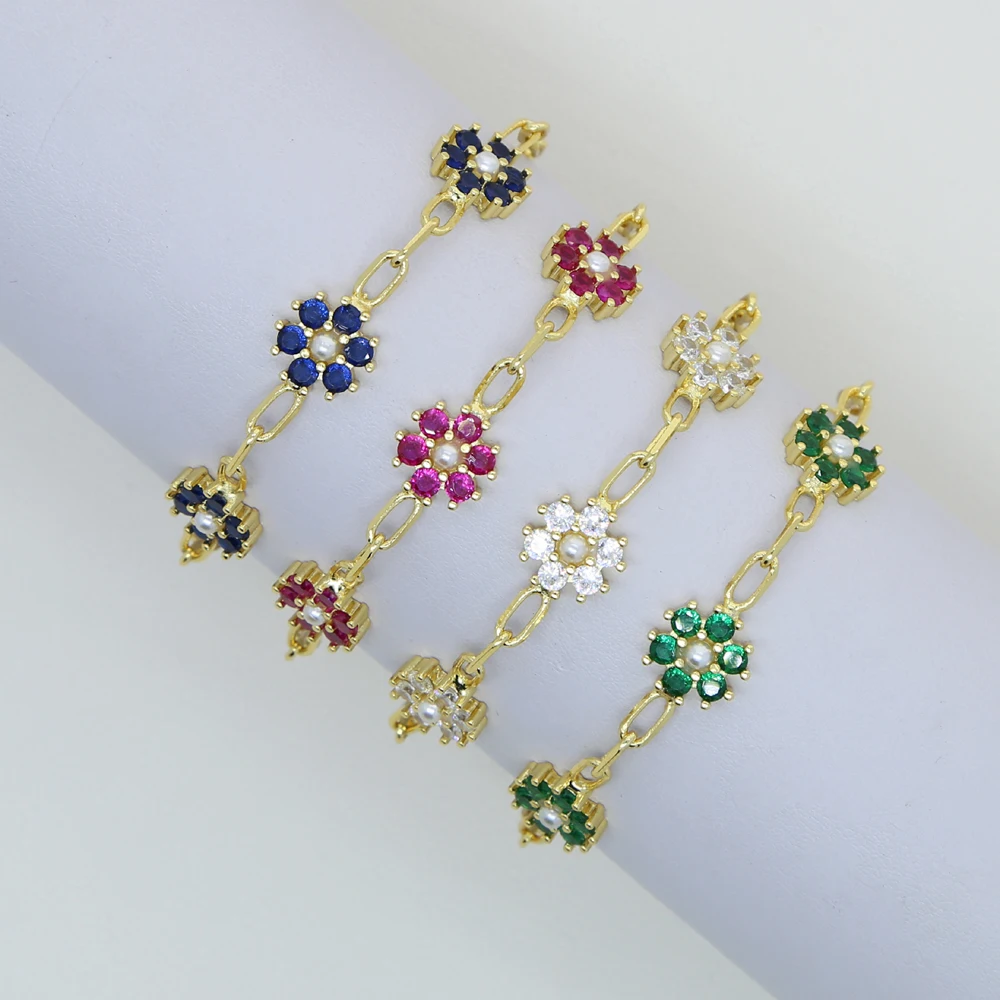 Colorful 2022 Spring New Jewelry Red Blue Green White CZ Pearl Beads Flower Charm Chain Bracelet