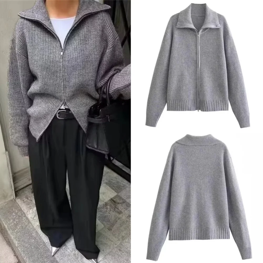 Autumn and Winter Dark Grey Knit Cardigan Double End Zipper Short Top Turndown Collar Coat Women Slim Warm  Fashion Knitwear