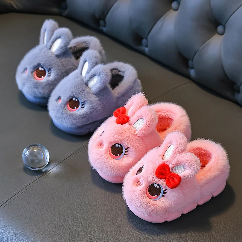 Children Winter Thick Slippers Kids Cotton-padded Shoes Baby Indoor Warm Slippers Girls Cute Cartoon Rabbit Animal Shoes Slipper