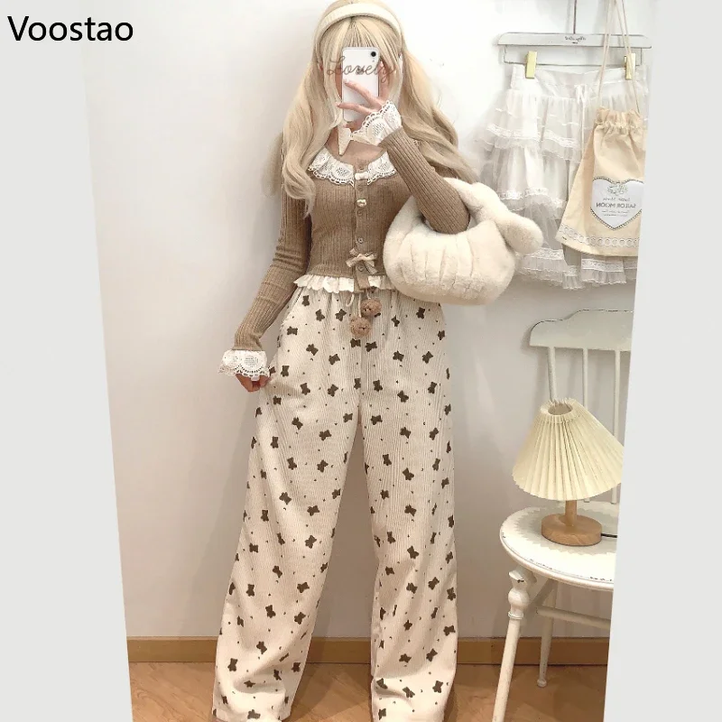 Japanese Sweet Lolita Style Knitted Shirt Women Kawaii Bow Cartoon Cat Buttons Lace Ruffles Slim Blouse Female Korean Crop Tops